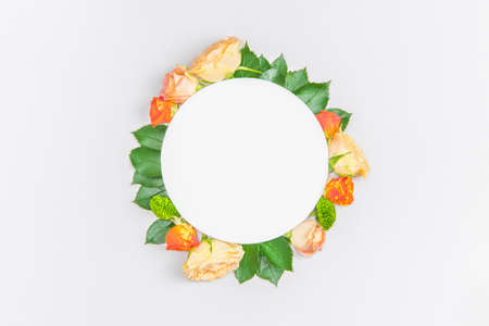 Creative layout composition of flowers on pastel backgroundの写真素材