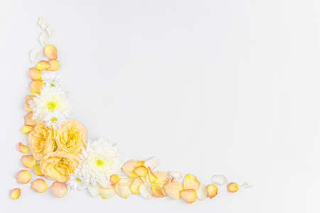 Creative layout composition of flowers on pastel backgroundの写真素材