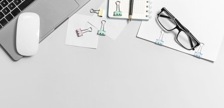Flat lay photo of home / office working placeの写真素材