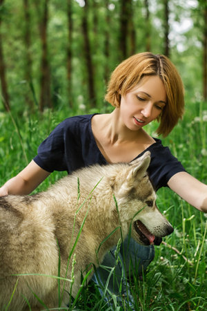 A girl in nature with a husky dog in sunny weather