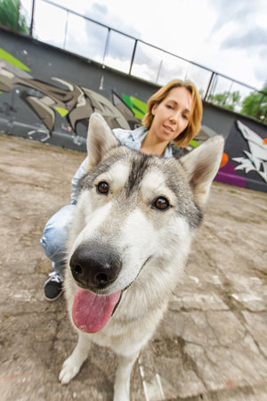 Girl with a dog on the street summer sunny weatherの写真素材