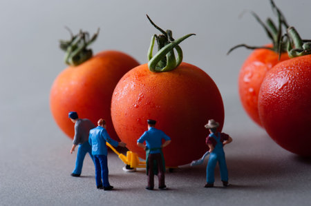 Human figurines carry tomatoの写真素材