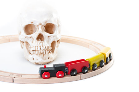 Skull and toy locomotive