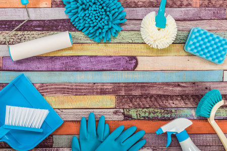 A lot of cleaning tool woodgrain table