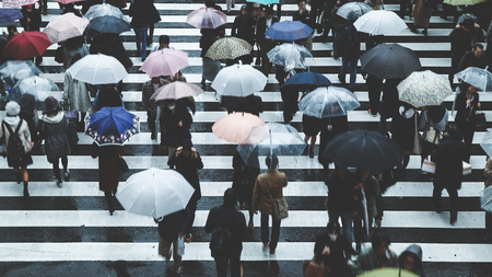 People across the crosswalk on a rainy dayの写真素材