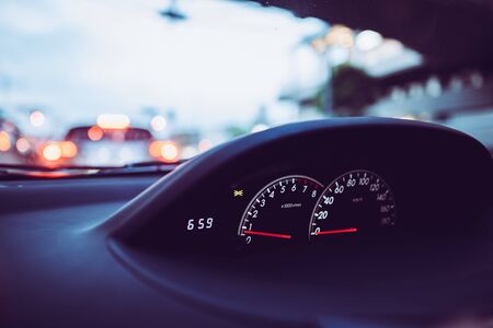 Car dashboard with speed indicators.の写真素材