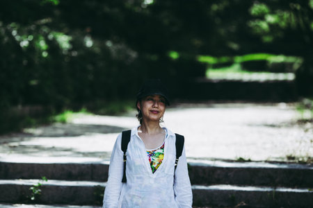 Japanese woman walking in nature