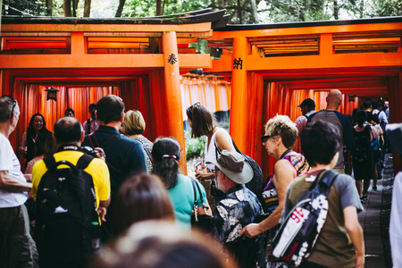 Kyoto, Japan - September 26, 2017: Torii gates at Fushimi Inari Taisha Shrine. Fushimi Inari Taisha is a shinto shrine located in Southern Kyoto, Japan.のeditorial素材