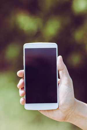 Hand holding smartphone and green backgroundの写真素材