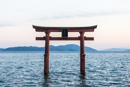Torii and Lake Biwa, Shiga Prefecture in Japanのeditorial素材