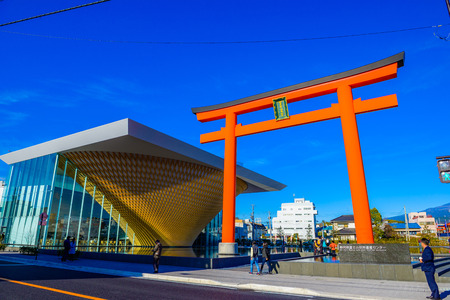 Sizuoka, Japan - December 28, 2017 :Torii gate and Mt. Fuji World Heritage Center in Shizuoka Prefecture,Japan.のeditorial素材