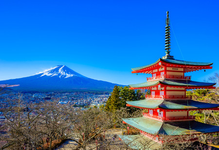 Yamanashi, Japan - December 28, 2017 : Mount Fuji and Chureito Pagoda. Chureito pagoda is located at Asakurayama in Fujiyoshida, Japan. Mount Fuji, Fuji san is famous mountain in Japan. Fuji is Japan's highest mountain.のeditorial素材