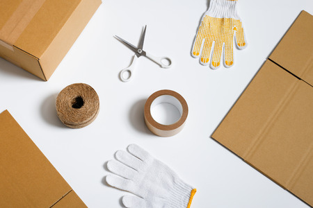 Cardboard box and gum tapeの写真素材