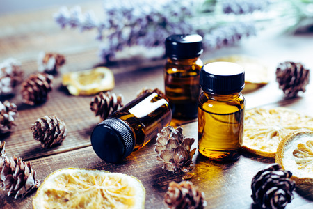 Aromatherapy tools, bottles with oilの写真素材
