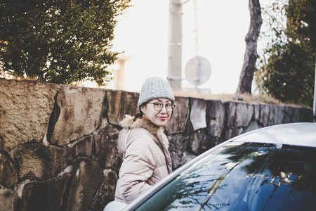 Japanese woman and carの写真素材