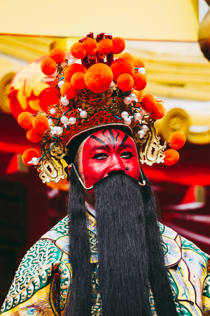 Hyogo,Japan - February 16, 2018: Chinese hero's cosplay in Kobe Chinatown.Nankinmachi is a compact Chinatown in central Kobe and a center of the Chinese community in the Kansai Region.のeditorial素材