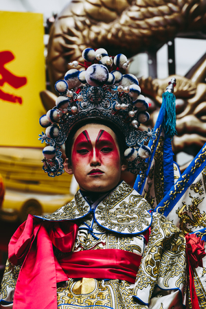 Hyogo,Japan - February 16, 2018: Chinese hero's cosplay in Kobe Chinatown.Nankinmachi is a compact Chinatown in central Kobe and a center of the Chinese community in the Kansai Region.のeditorial素材