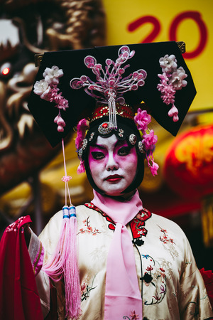 Hyogo,Japan - February 16, 2018: Chinese hero's cosplay in Kobe Chinatown.Nankinmachi is a compact Chinatown in central Kobe and a center of the Chinese community in the Kansai Region.のeditorial素材