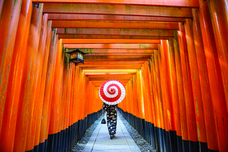 Kimono women and umbrella, Kyotoの写真素材