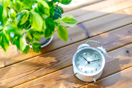 Wood table and alarm clock