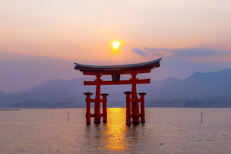 Hiroshima,Japan - July 25,2018 - Miyajima is a small island of Hiroshima in Japan. It is most famous for its giant torii gate, which at high tide seems to float on the water.のeditorial素材