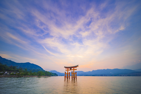 Hiroshima,Japan - July 25,2018 - Miyajima is a small island of Hiroshima in Japan. It is most famous for its giant torii gate, which at high tide seems to float on the water.のeditorial素材