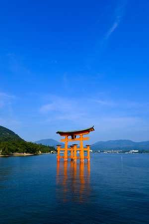 Hiroshima,Japan - July 26,2018 - Miyajima is a small island of Hiroshima in Japan. It is most famous for its giant torii gate, which at high tide seems to float on the water.のeditorial素材