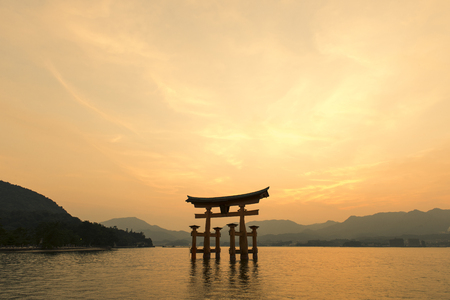 Hiroshima,Japan - July 25,2018 - Miyajima is a small island of Hiroshima in Japan. It is most famous for its giant torii gate, which at high tide seems to float on the water.のeditorial素材