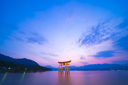 Hiroshima,Japan - July 25,2018 - Miyajima is a small island of Hiroshima in Japan. It is most famous for its giant torii gate, which at high tide seems to float on the water.のeditorial素材