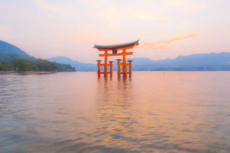 Hiroshima,Japan - July 25,2018 - Miyajima is a small island of Hiroshima in Japan. It is most famous for its giant torii gate, which at high tide seems to float on the water.のeditorial素材