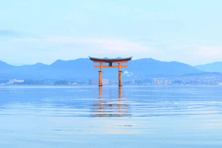 Hiroshima,Japan - July 26,2018 - Miyajima is a small island of Hiroshima in Japan. It is most famous for its giant torii gate, which at high tide seems to float on the water.のeditorial素材