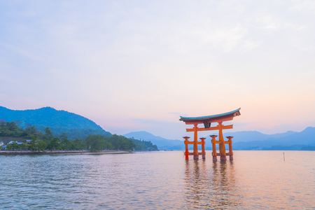 Hiroshima,Japan - July 25,2018 - Miyajima is a small island of Hiroshima in Japan. It is most famous for its giant torii gate, which at high tide seems to float on the water.のeditorial素材