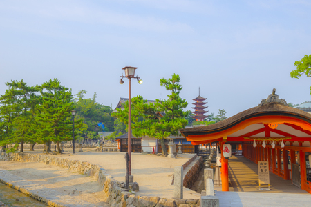 Hiroshima,Japan - July 25,2018 - Miyajima is a small island of Hiroshima in Japan. It is most famous for its giant torii gate, which at high tide seems to float on the water.のeditorial素材