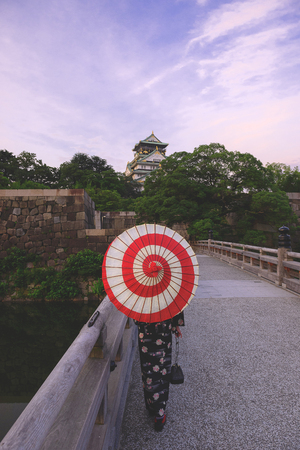 Japanese kimono and Osaka Castleのeditorial素材