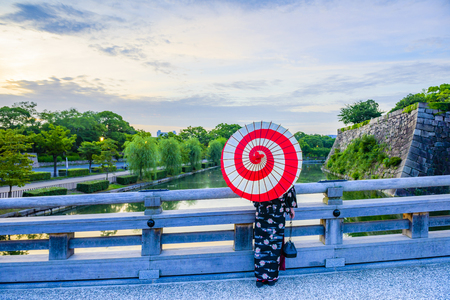 Japanese kimono and Osaka Castleのeditorial素材