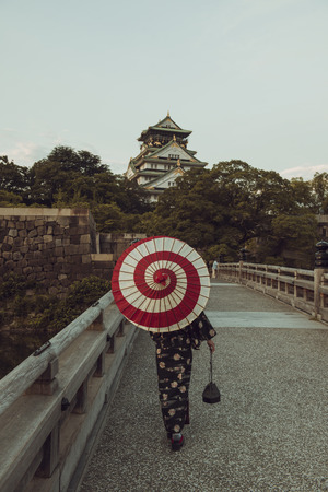 Japanese kimono and Osaka Castleのeditorial素材