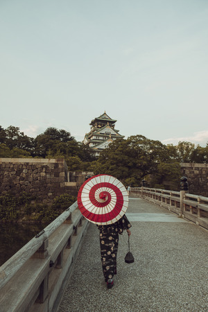 Japanese kimono and Osaka Castleのeditorial素材