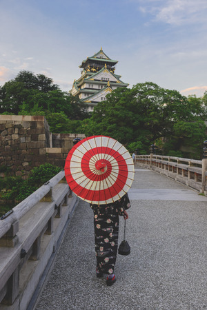 Japanese kimono and Osaka Castleのeditorial素材