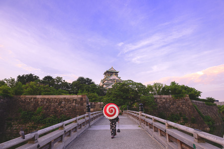 Japanese kimono and Osaka Castleのeditorial素材