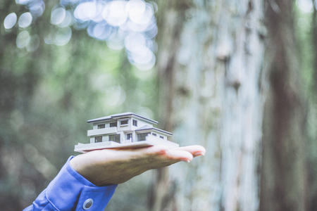 Wooden background and residential modelの写真素材