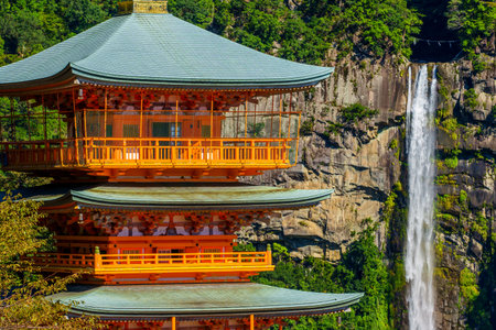 Pagoda of Seiganto-ji Temple at Nachi Katsuura with Nachi fall,Wakayama Japanのeditorial素材
