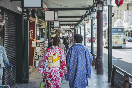 Kyoto, Japan -  30 March 2018 - Old Japanese houses and Gion street of Kyoto, Japan.Gion is Kyoto's most famous geisha district.のeditorial素材