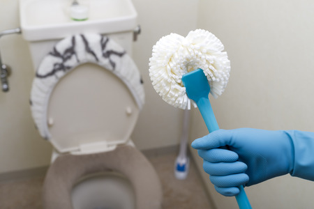 Women cleaning toiletの写真素材