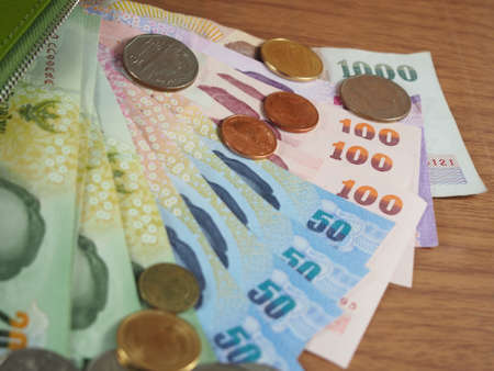 Thai Baht Money, Banknotes and Coins, soft focusの写真素材