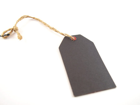 Price tag with string, price tags, gift tags, sale tags, retail of goods tags, isolated on white backgroundの写真素材