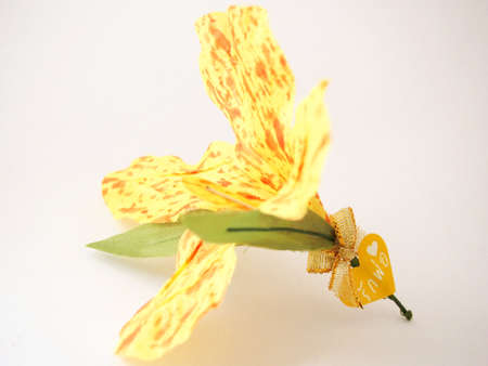 Golden color ribbon with love daddy tag, thai language on handmade canna flowerの写真素材