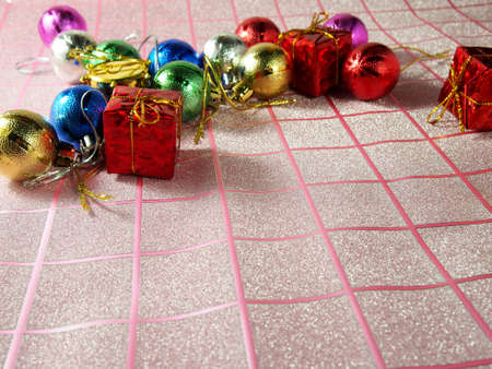 Christmas ornament, colorful on tartan backgroundの写真素材