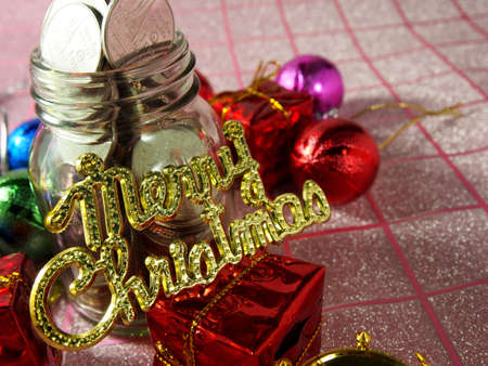 Merry Christmas, golden letter, ornament, collection moneyの写真素材