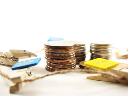 Upright plies of coins, thai baht money