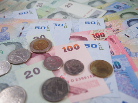 Thai Bath, pile of banknotes and coins, earn and save money concept?